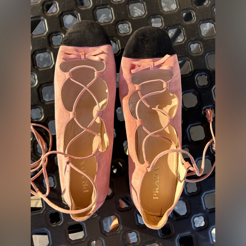 Prada ballet flats pink and black  suede good condition